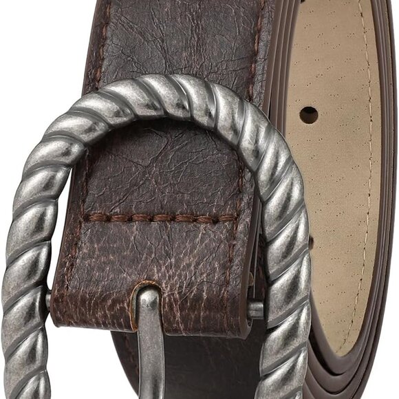 Women Brown Leather Belt Vintage Silver Buckle Waist Strap for Jeans Dresses - Picture 2 of 6